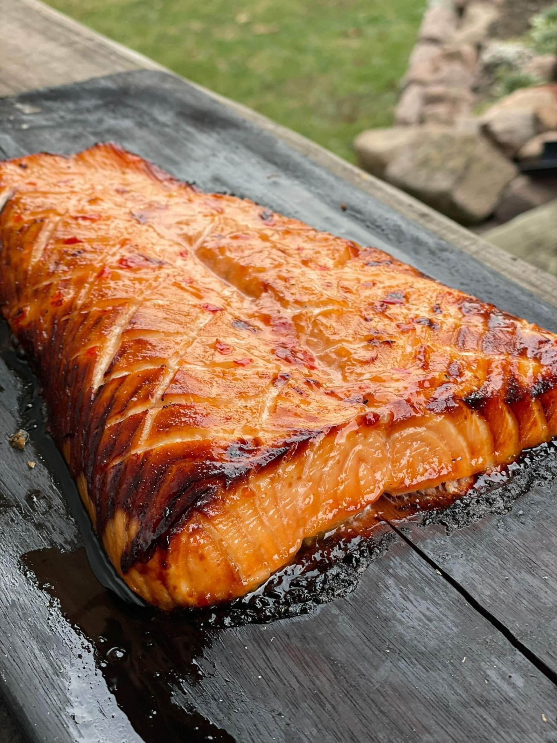salmon cooked in a wood fired pizza oven